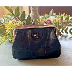 Vintage 90's Tommy Hilfiger Black Faux Crocodile Leather Kiss Lock Coin Purse